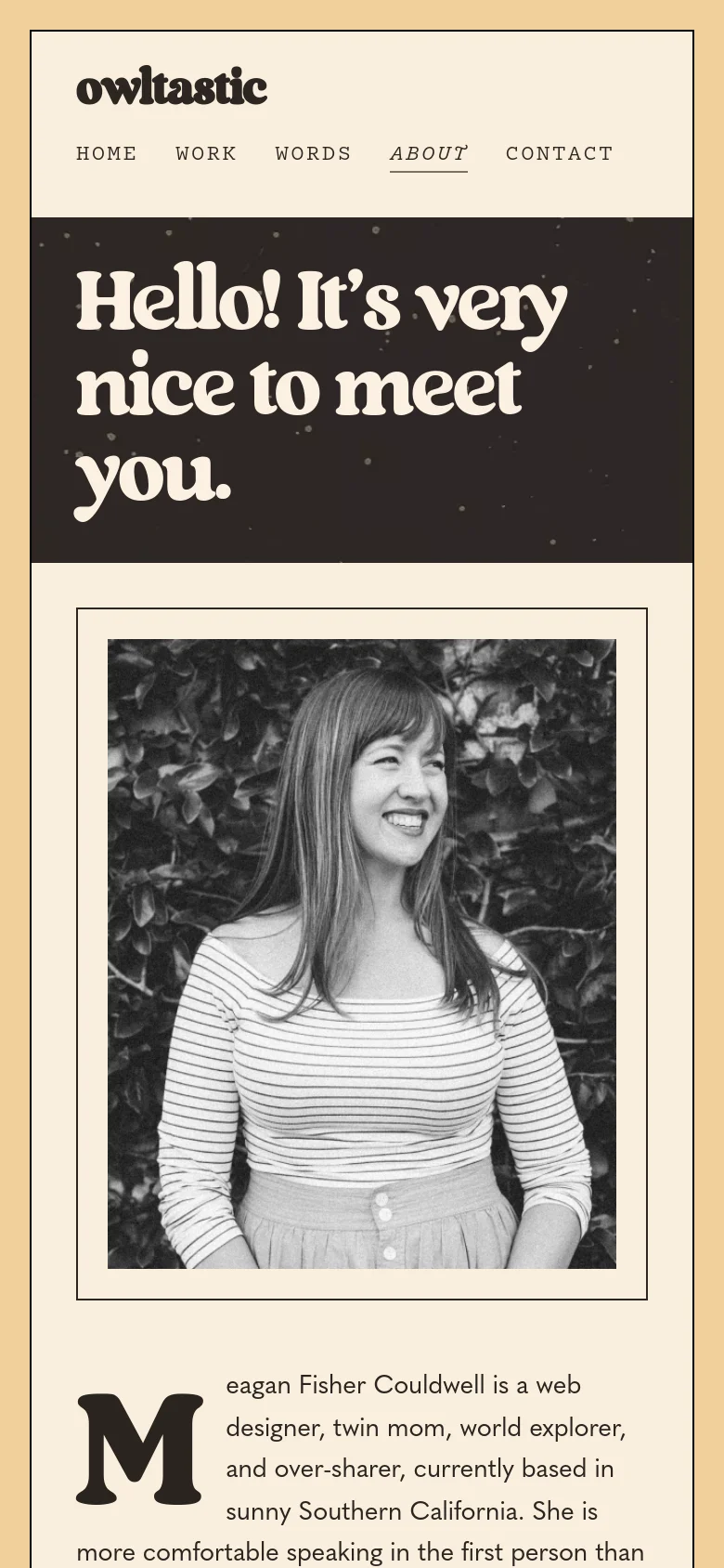 The mobile version maintains the dark hero section with the large white headline, but the layout shifts to a single-column vertical stack. The black and white portrait appears above the biographical text, and the social media links are moved below the main content area.