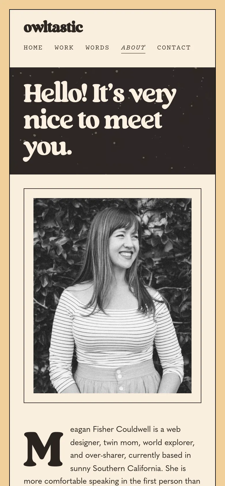 The mobile version maintains the dark hero section with the large white headline, but the layout shifts to a single-column vertical stack. The black and white portrait appears above the biographical text, and the social media links are moved below the main content area.