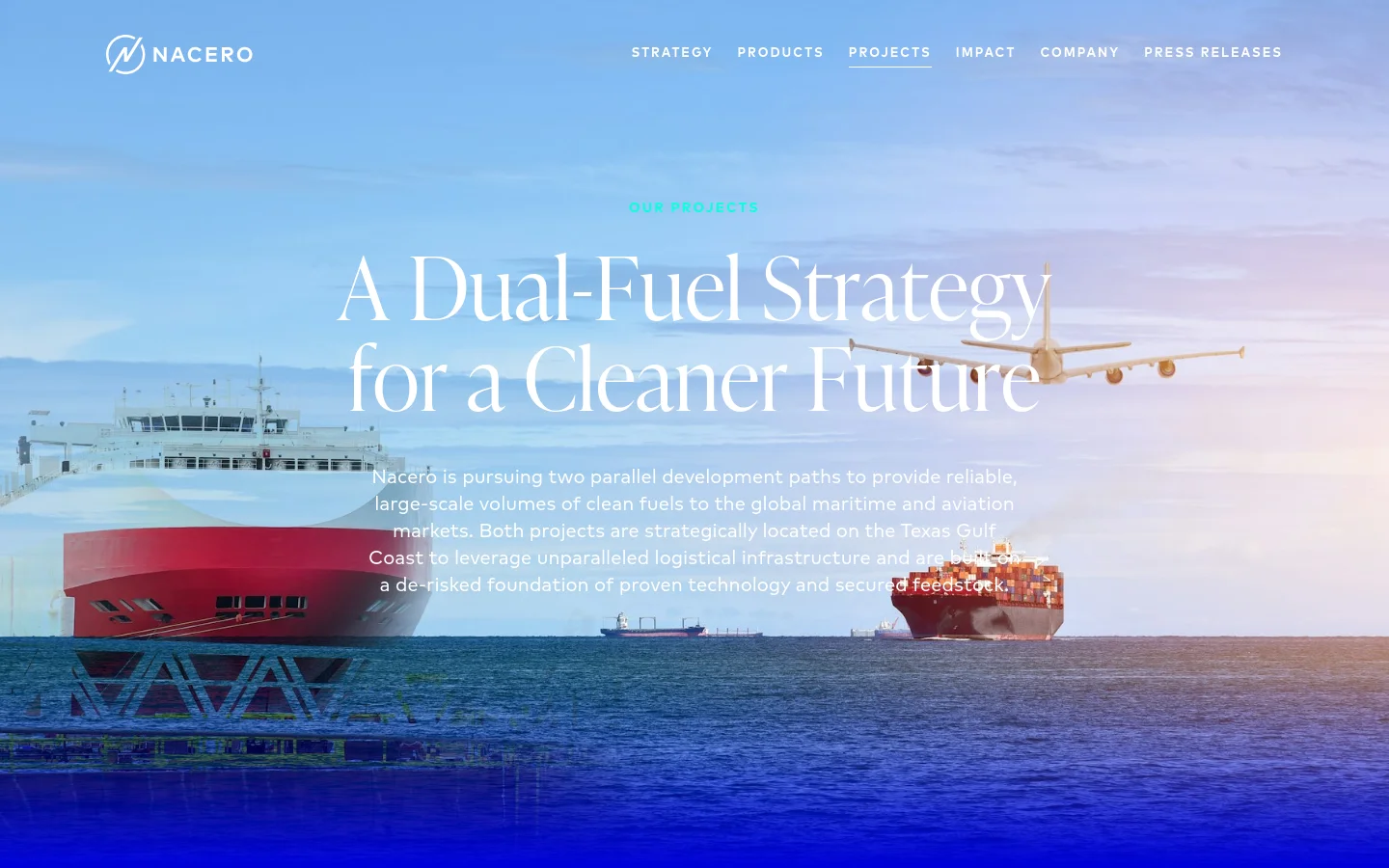 The desktop page features a large hero image of a cargo ship and an airplane over blue ocean waters under a bright sky. The headline 'A Dual-Fuel Strategy for a Cleaner Future' is centered in large white serif text, followed by a paragraph of descriptive text. A navigation menu is at the top, and a grid of project cards for Sustainable Aviation Fuel and Methanol appears below the hero section.