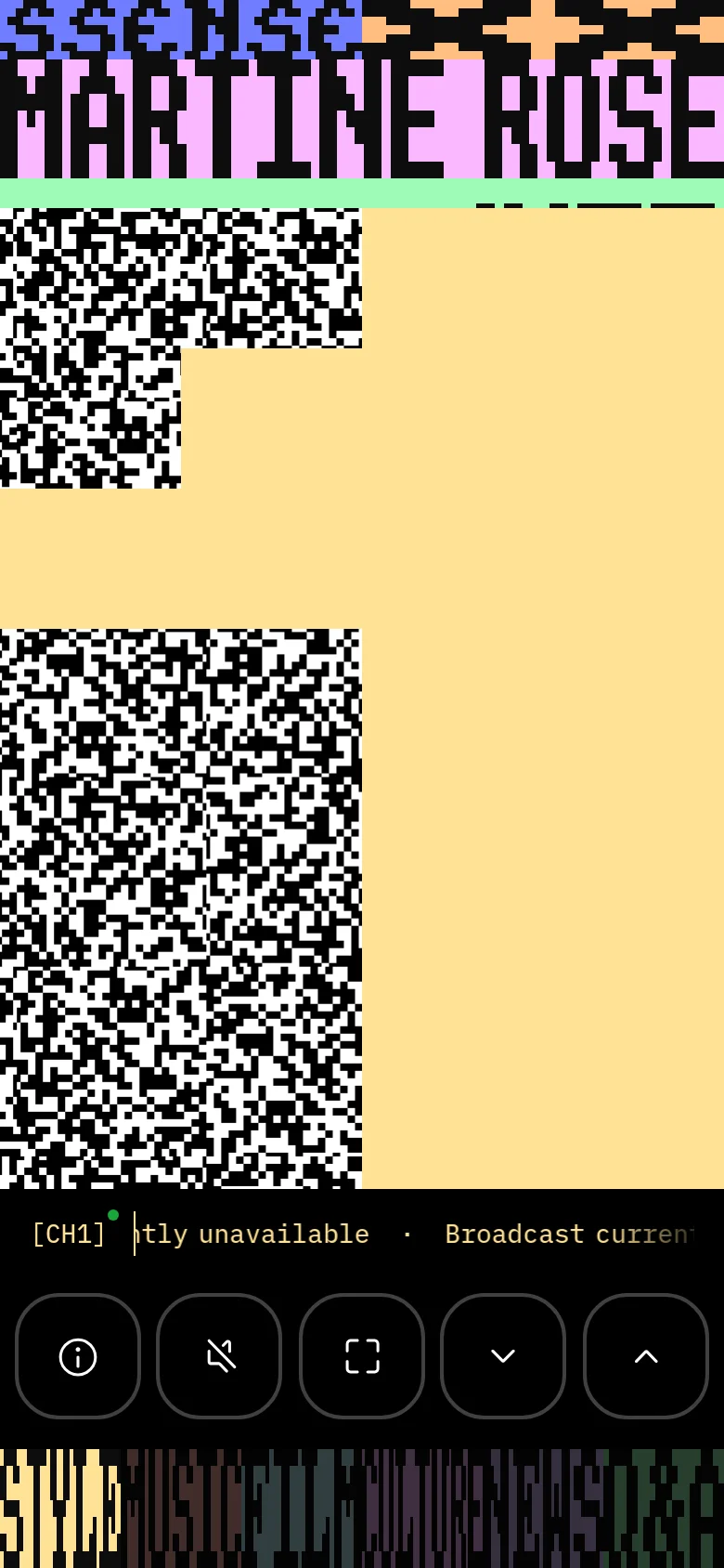 The mobile version presents a simplified, vertically stacked layout with the same retro teletext aesthetic and cream background. Large pixelated headers dominate the top, followed by a section of black and white digital static. Navigation controls appear as large, outlined circular icons at the bottom of the screen over a colorful, striped footer.