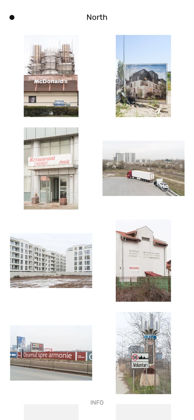 The mobile version maintains the minimalist white aesthetic but shifts to a single-column vertical scroll. The 'North' headline and project descriptions appear at the top, followed by a stacked list of large, full-width photographic images representing different series. Navigation is simplified for a vertical interface.