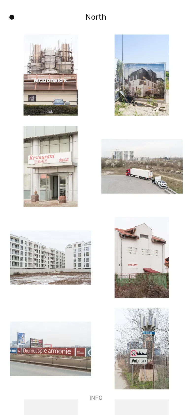 The mobile version maintains the minimalist white aesthetic but shifts to a single-column vertical scroll. The 'North' headline and project descriptions appear at the top, followed by a stacked list of large, full-width photographic images representing different series. Navigation is simplified for a vertical interface.