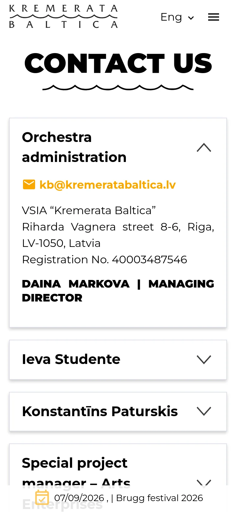 The mobile version displays the 'CONTACT US' headline prominently at the top with a wavy underline. The layout shifts to a single-column view where the contact information accordion menus and the contact form are stacked vertically for easier scrolling on a small screen.
