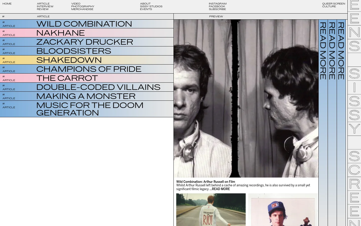 The desktop version of the Article Archives page features a multi-column layout with a navigation menu at the top. A vertical list of article titles on the left is paired with a large preview image and text snippet on the right, set against a minimalist white and light blue background. Each article entry includes a title and a 'Read More' call to action.