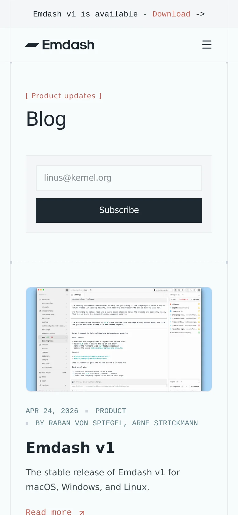The mobile version presents a simplified vertical layout with a hamburger menu icon in the top right and the Emdash logo on the left. The 'Blog' headline and email subscription box are stacked vertically above the single-column feed of blog posts. The content remains clean and white, focusing on the post title, metadata, and a 'Read more' link.