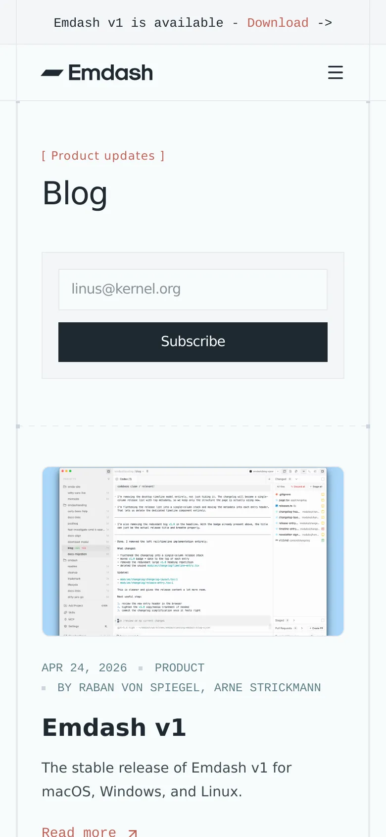 The mobile version presents a simplified vertical layout with a hamburger menu icon in the top right and the Emdash logo on the left. The 'Blog' headline and email subscription box are stacked vertically above the single-column feed of blog posts. The content remains clean and white, focusing on the post title, metadata, and a 'Read more' link.