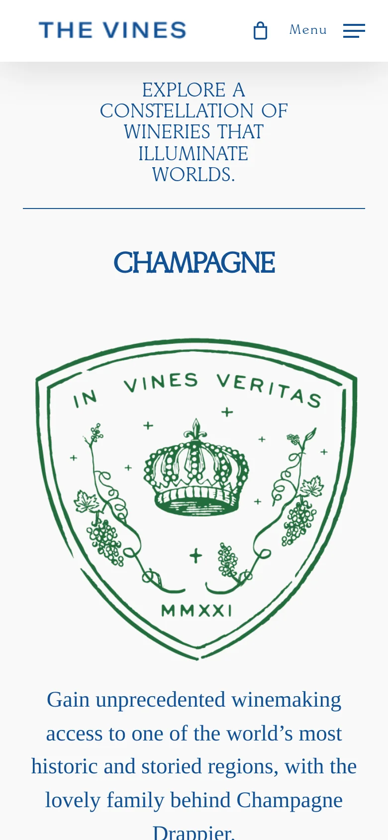 The mobile version presents a single-column vertical layout optimized for scrolling. The hero headline is centered at the top, followed by individual region sections like Champagne, which feature a large green emblem, a heading, and descriptive text stacked vertically.