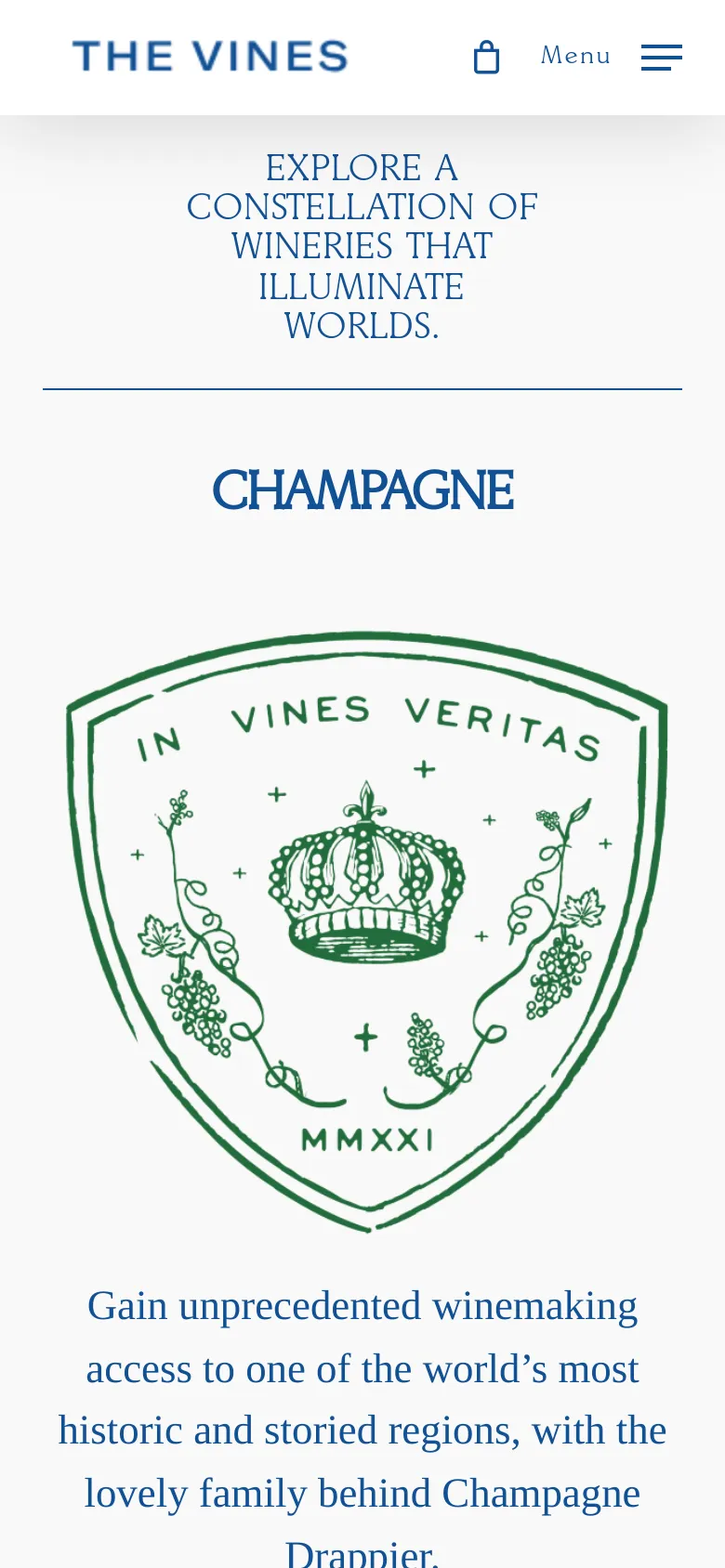 The mobile version presents a single-column vertical layout optimized for scrolling. The hero headline is centered at the top, followed by individual region sections like Champagne, which feature a large green emblem, a heading, and descriptive text stacked vertically.