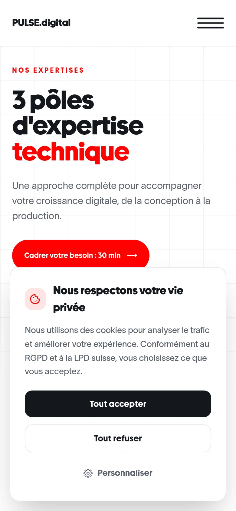 The mobile version uses a single-column layout with the same grid background and large, bold typography for the main headline. The navigation menu is collapsed into a hamburger icon at the top right, and the cookie consent banner occupies a much larger portion of the screen, appearing as a prominent centered modal with large buttons.