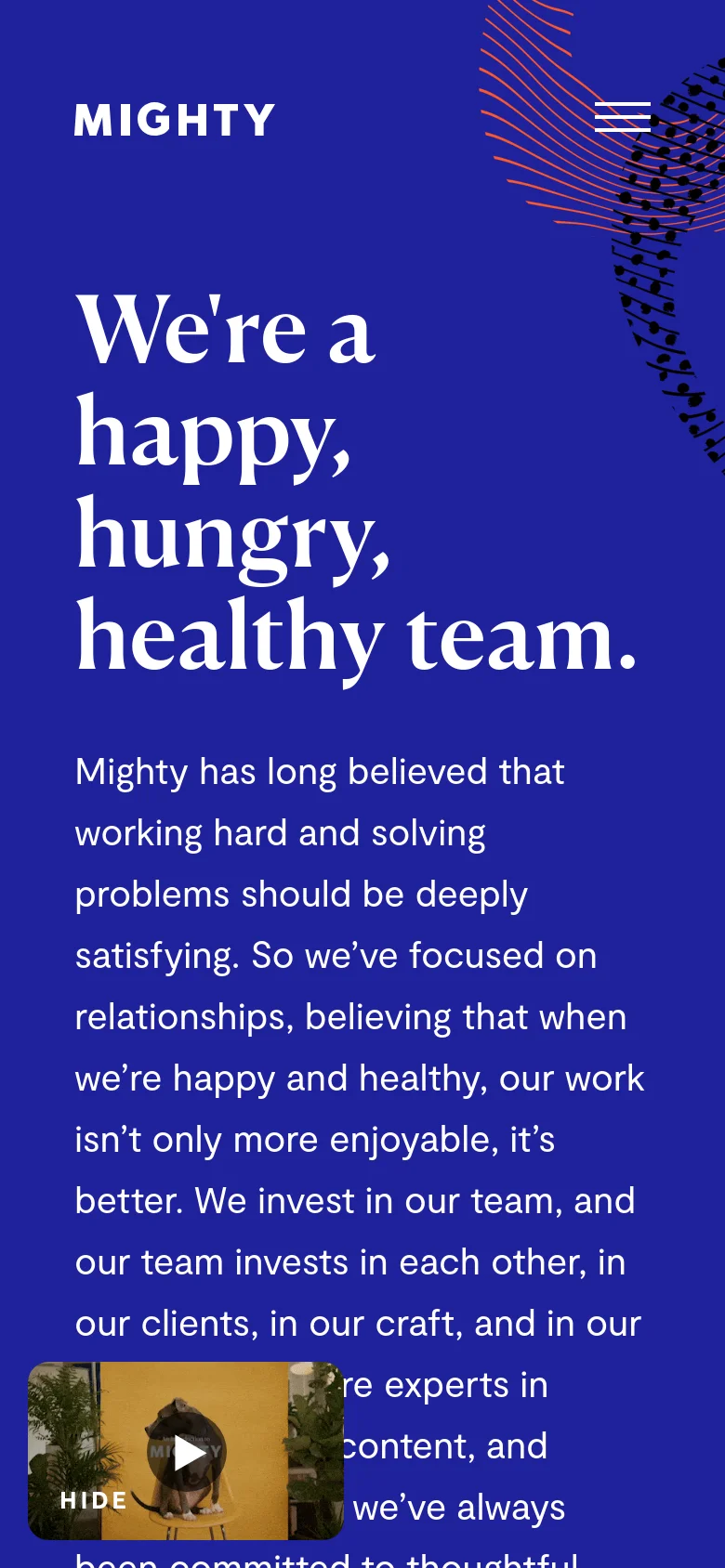 The mobile version uses a similar deep blue theme but shifts to a vertical layout with a hamburger menu icon at the top right. The large white headline and body text are stacked vertically to fit the narrow screen, and the video thumbnail appears at the bottom left.