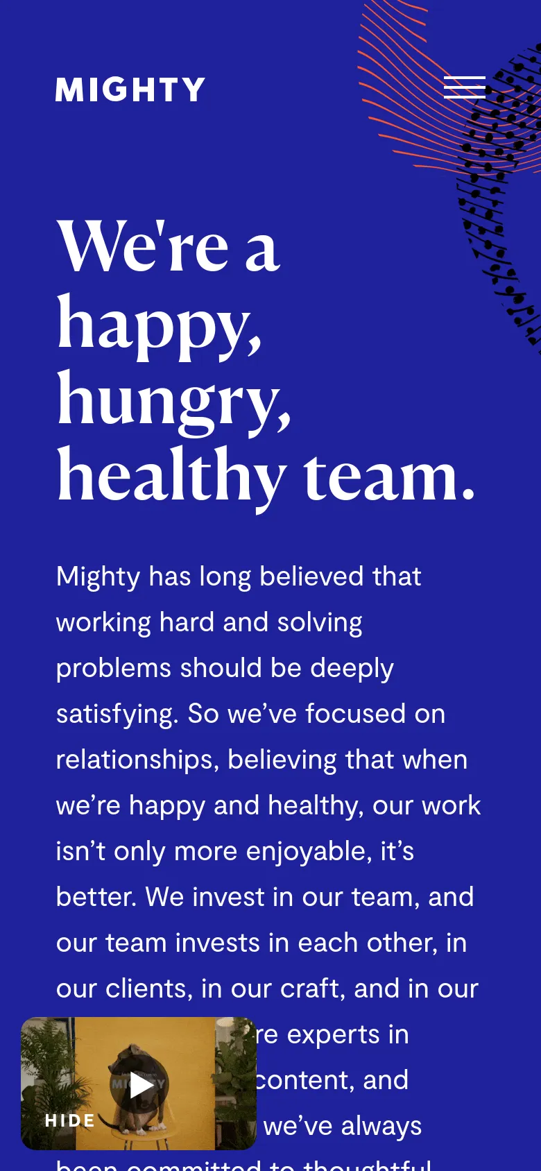 The mobile version uses a similar deep blue theme but shifts to a vertical layout with a hamburger menu icon at the top right. The large white headline and body text are stacked vertically to fit the narrow screen, and the video thumbnail appears at the bottom left.