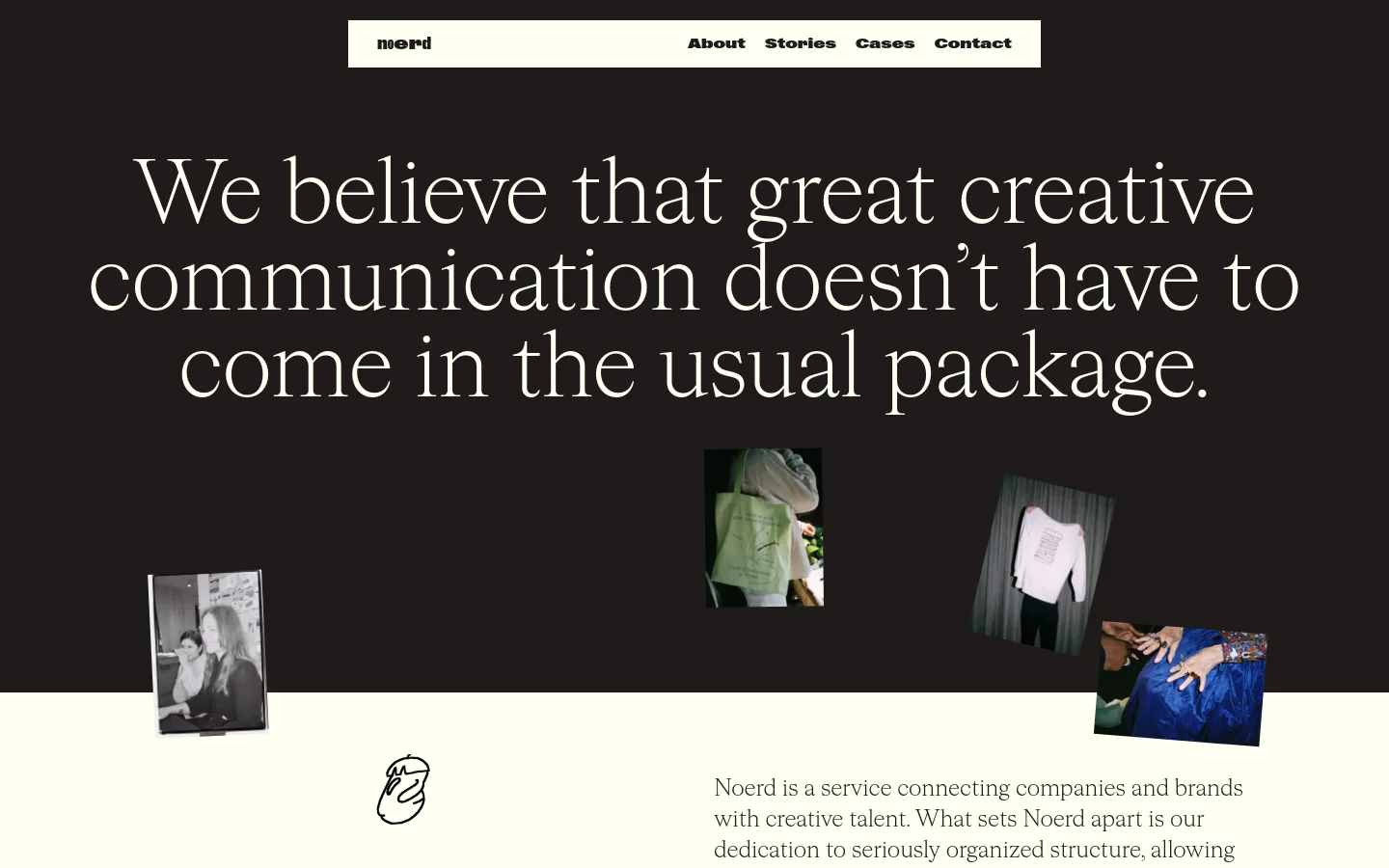 The desktop About page features a dark background with a large, centered serif headline. Below the headline, several small, tilted photographic images are scattered artistically across the screen, followed by a light-colored section containing text and a hand-drawn illustration.