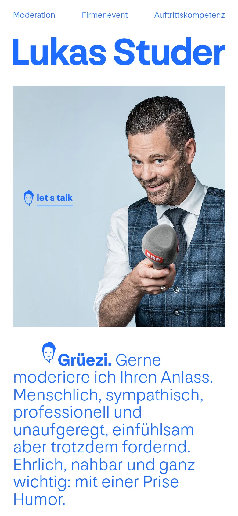 Mobile version of the homepage with a vertically stacked layout. The large blue 'Lukas Studer' headline is followed by the hero image, and the introductory text is displayed in large blue font below the image for easy reading on small screens.