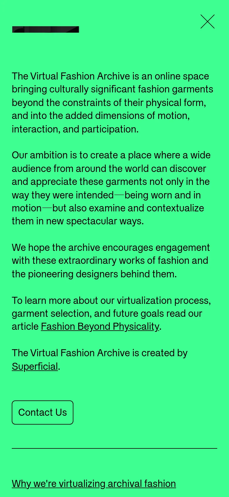 The mobile version maintains the neon green background and black text but uses a single-column layout with larger, centered text blocks. The 'Contact Us' button is prominently placed in the middle of the screen, and the overall content is vertically stacked for easier scrolling.