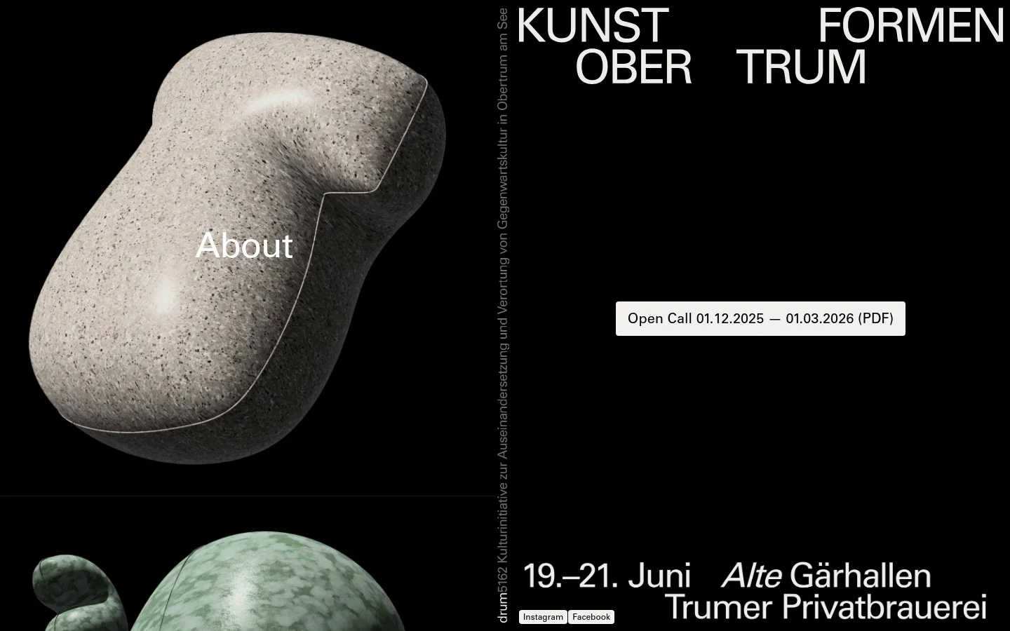 The desktop homepage features a minimalist black background with large white typography for 'KUNSTFORMEN OBERTRUM'. A large, textured grey stone-like organic shape dominates the left side, with the word 'About' overlaid on it. A prominent white call-to-action button for 'Open Call' is centered, and the bottom displays festival dates and location in white text.