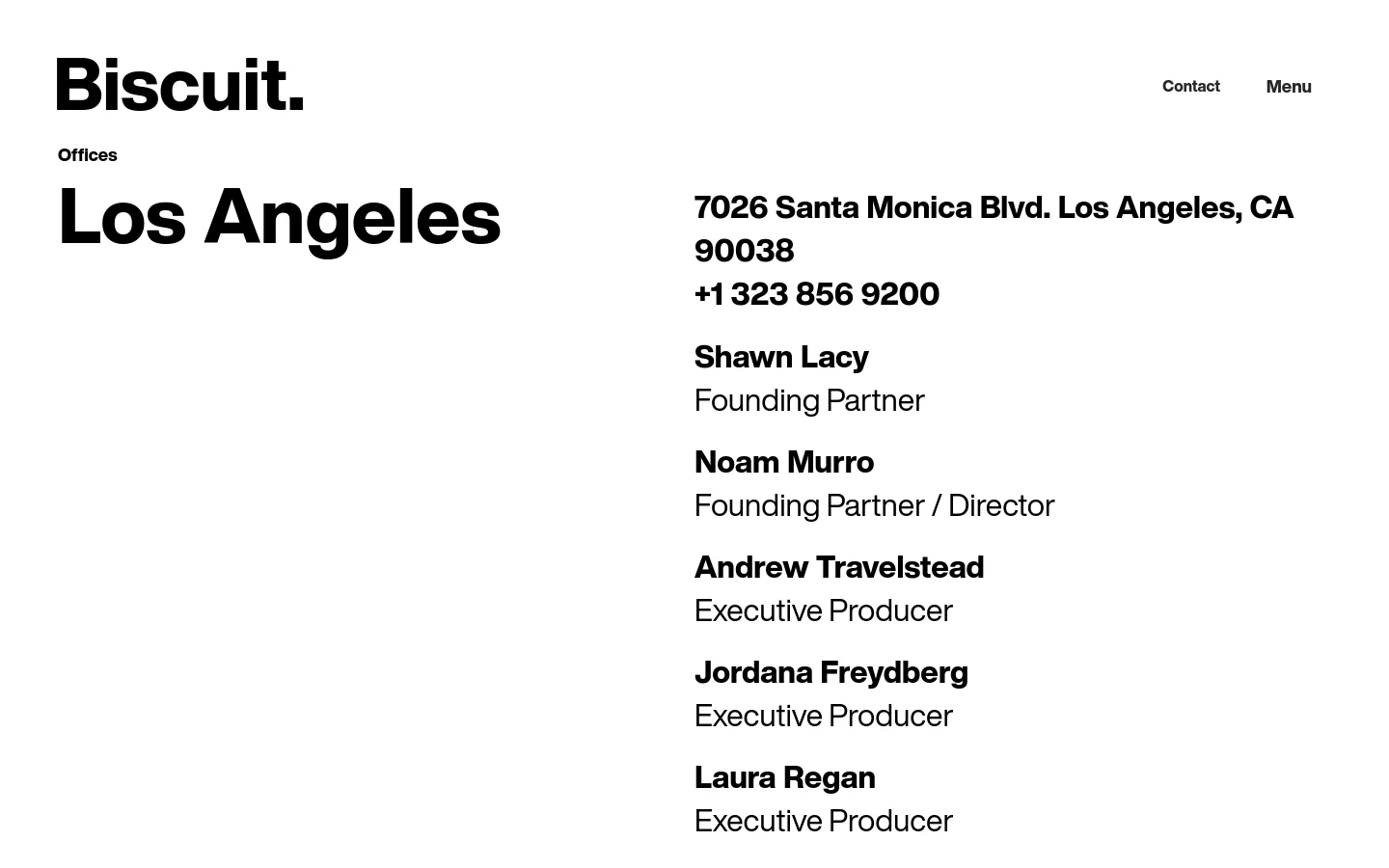 The desktop contact page features a minimalist white background with bold black typography. The layout is split with the 'Los Angeles' office heading on the left and the address, phone number, and a list of key personnel with their titles on the right.