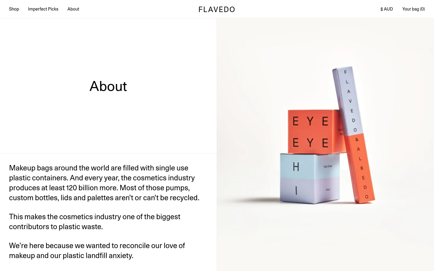 The desktop About page features a split-screen layout with a white left side containing the headline 'About' and mission statement text. The right side shows a minimalist product photograph of colorful, geometric makeup packaging in shades of coral, light blue, and peach against a neutral background. The top navigation bar includes links for Shop, Imperfect Picks, and About, alongside the brand name 'FLAVEDO' and currency/bag options.