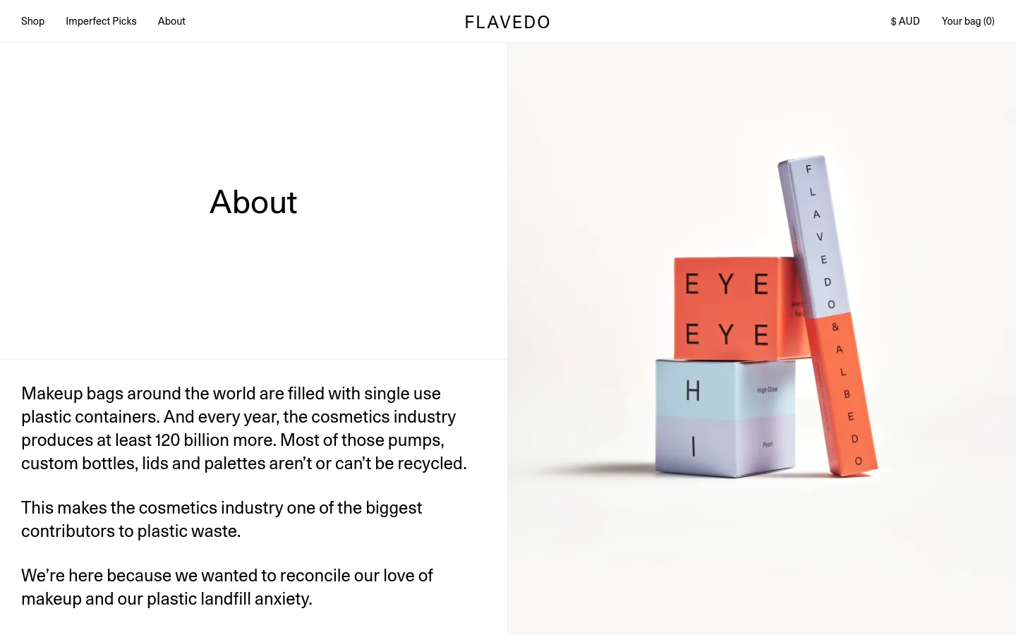 The desktop About page features a split-screen layout with a white left side containing the headline 'About' and mission statement text. The right side shows a minimalist product photograph of colorful, geometric makeup packaging in shades of coral, light blue, and peach against a neutral background. The top navigation bar includes links for Shop, Imperfect Picks, and About, alongside the brand name 'FLAVEDO' and currency/bag options.