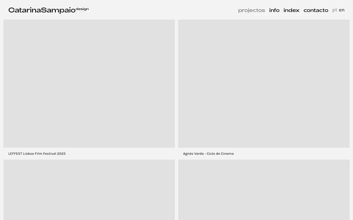 The Projectos page features a minimalist white layout with a top navigation bar containing the logo and links like 'projectos' and 'contacto'. A grid of large, rectangular project thumbnails displays visual work, each accompanied by a text title below the image, such as 'LEFFEST Lisboa Film Festival 2025'.