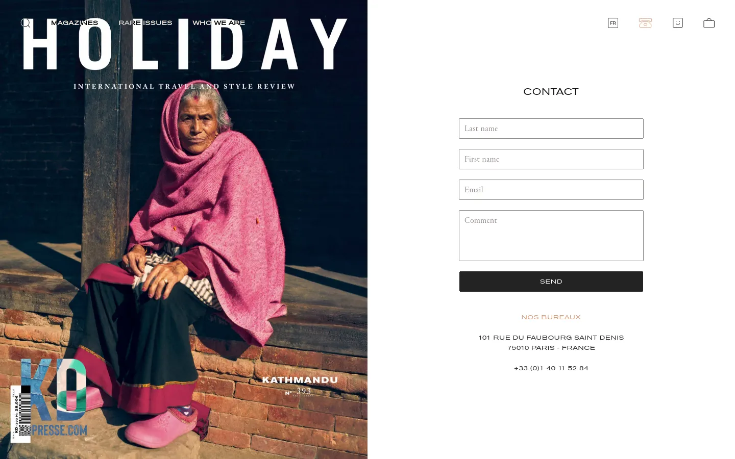 The desktop page features a large hero image of a magazine cover titled 'HOLIDAY' showing an elderly woman in a pink shawl sitting outdoors. To the right, a contact form with fields for Last name, First name, Email, and Comment is displayed above the company's office address and phone number in Paris.