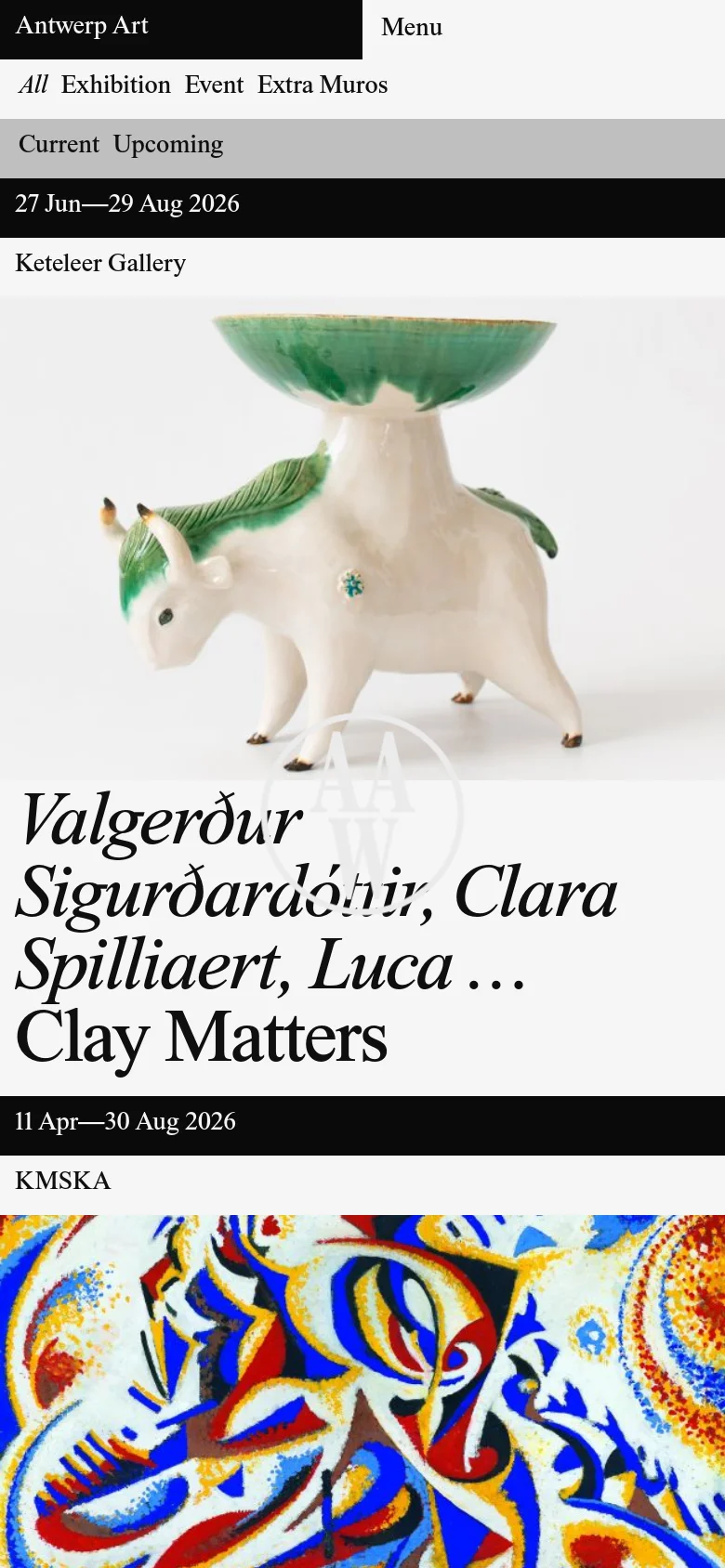 The mobile version maintains the minimalist aesthetic but uses a vertical single-column layout for the agenda items. The navigation is condensed into a 'Menu' button, and the large exhibition titles and images are stacked to fit the narrow screen width.