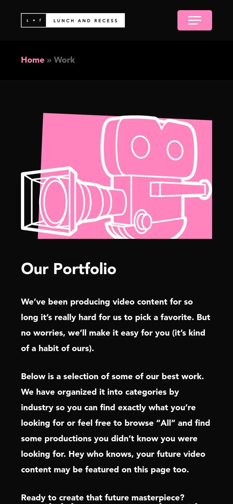 The mobile version maintains the dark theme and pink camera graphic but uses a condensed layout. The navigation menu is collapsed into a pink hamburger icon, and the filter links are arranged in a multi-line text block rather than a single horizontal row.