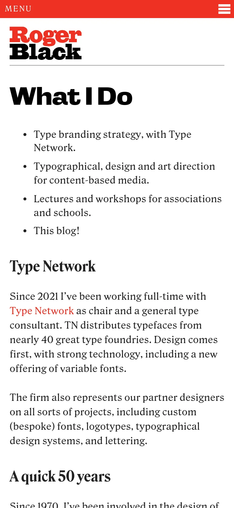 The mobile version simplifies the layout, replacing the top navigation bar with a red header containing a white hamburger menu icon and the site name. The content remains centered in a single column, maintaining the high-contrast black text on a white background for readability on small screens.
