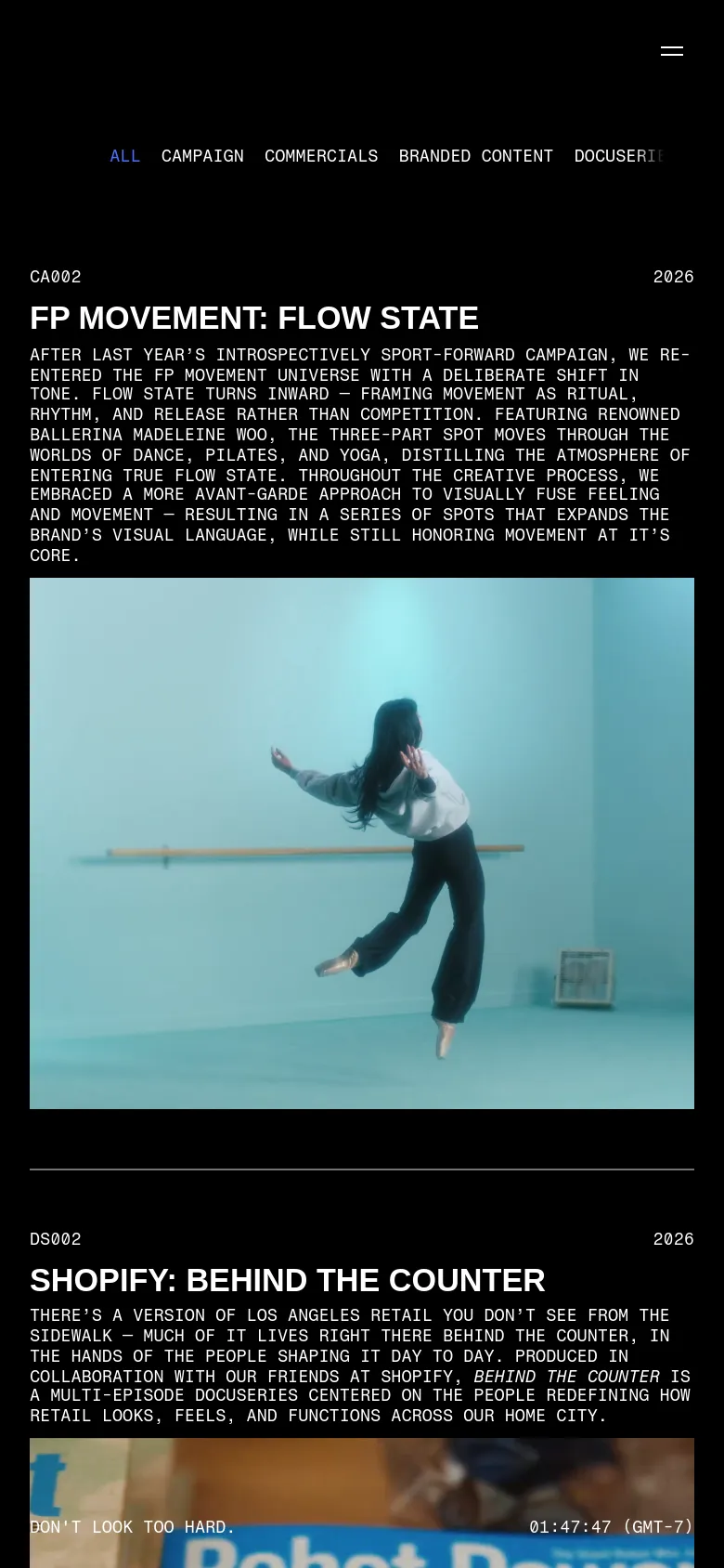 The mobile version maintains the dark theme but shifts to a vertical stack layout. Project titles and descriptions appear above the image galleries, which are scaled down to fit the narrower screen width, making the content easier to scroll through on a phone.