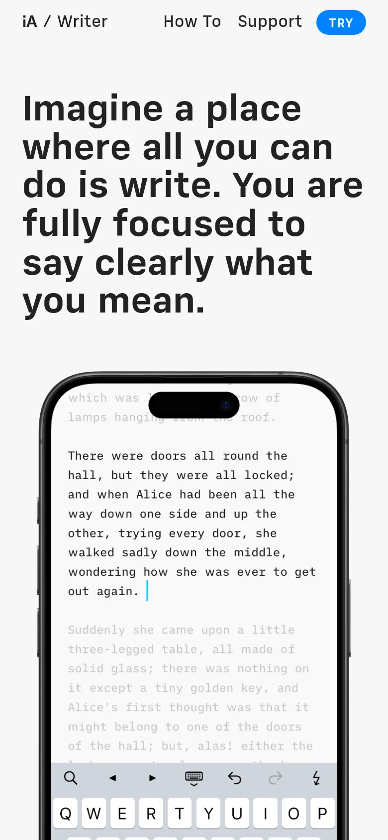 The mobile version presents a vertically stacked layout with the same bold headline appearing at the top. The writing interface is shown within a smartphone frame at the bottom of the screen, featuring a simplified toolbar with icons for text formatting and actions. The navigation is condensed, maintaining the blue 'TRY' button for prominence.