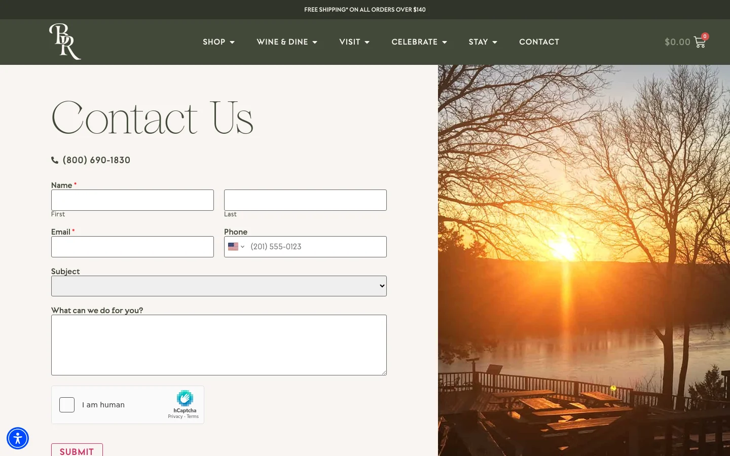 The desktop contact page features a split-screen layout with a contact form on the left and a large sunset landscape photo of a winery overlooking water on the right. The form includes fields for name, email, phone, subject, and a message box, set against a clean white background with dark green navigation at the top.