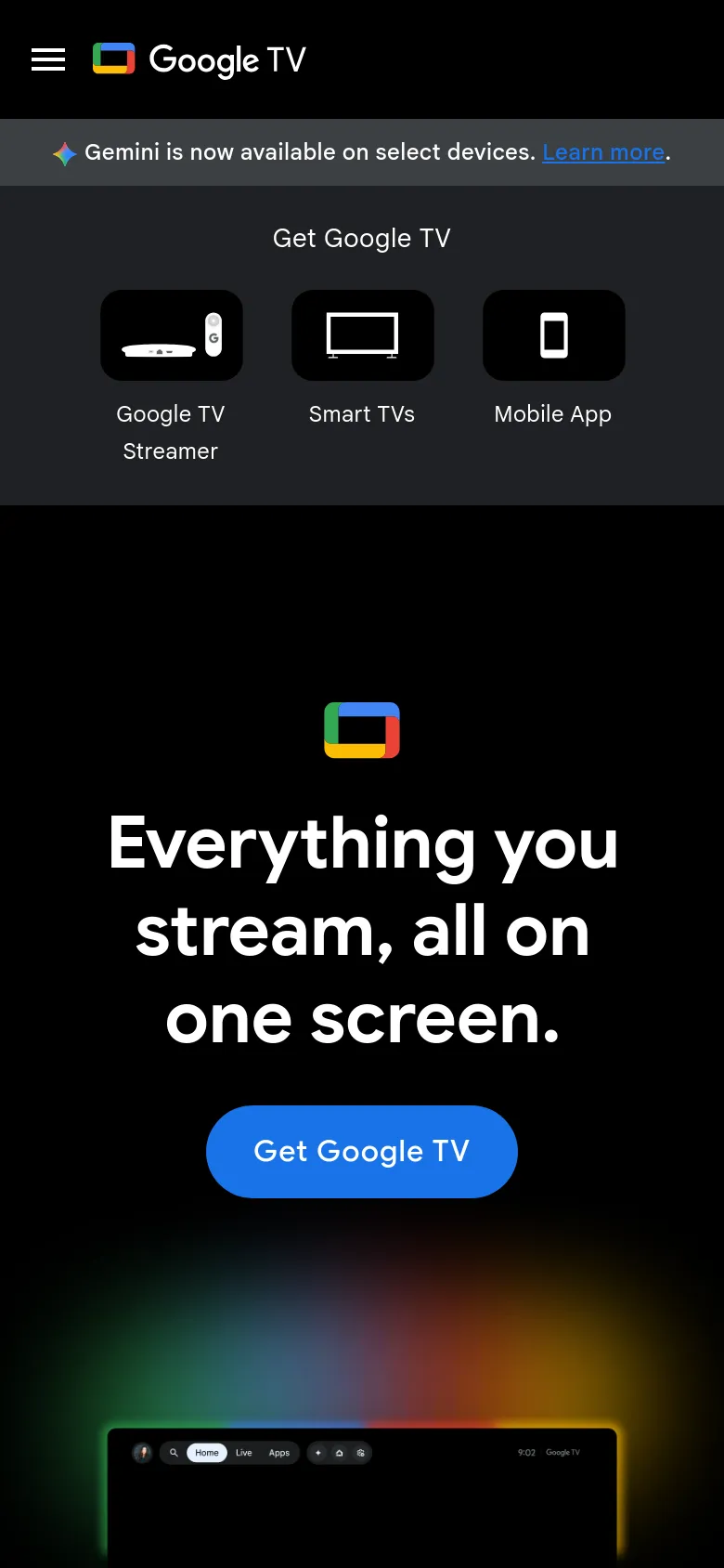The mobile version presents a vertically stacked layout optimized for small screens, focusing on the large central headline and a prominent blue 'Get Google TV' call-to-action button. The top navigation is replaced by a hamburger menu icon, and the device options (Streamer, Smart TVs, Mobile App) are displayed as large, touch-friendly tiles below a Gemini announcement banner.