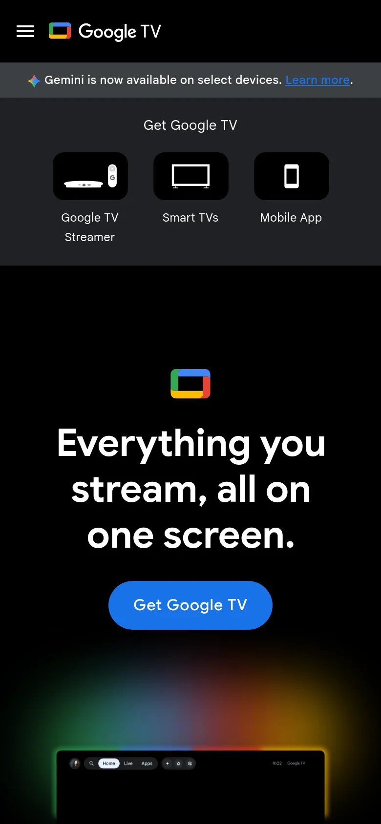The mobile version presents a vertically stacked layout optimized for small screens, focusing on the large central headline and a prominent blue 'Get Google TV' call-to-action button. The top navigation is replaced by a hamburger menu icon, and the device options (Streamer, Smart TVs, Mobile App) are displayed as large, touch-friendly tiles below a Gemini announcement banner.
