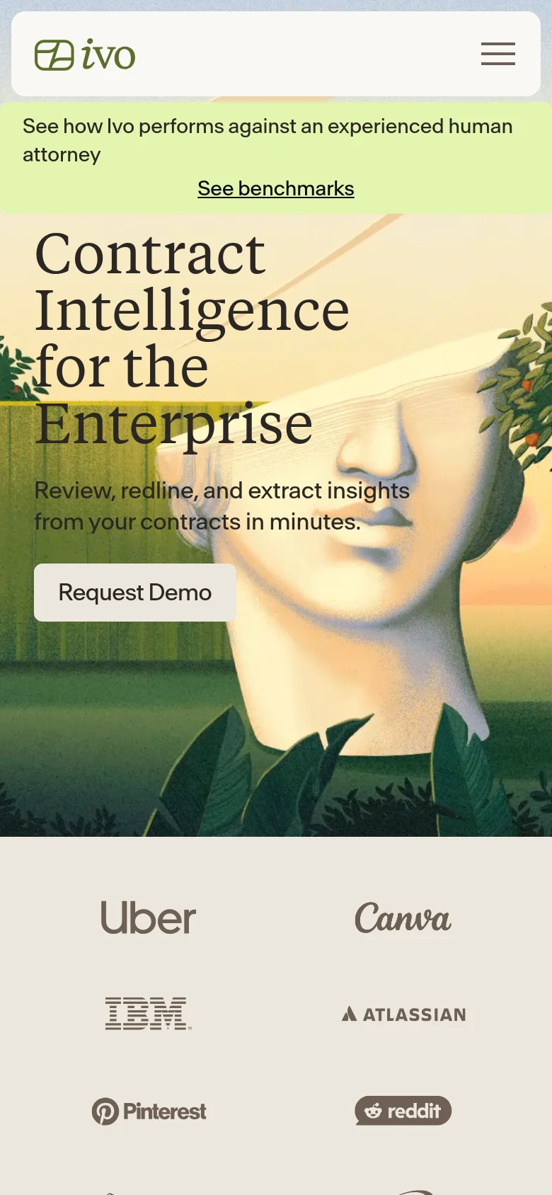 The mobile version uses a vertical layout with a condensed hamburger menu in the top right and the Ivo logo on the left. The hero section displays the same classical bust imagery and headline, but the text and 'Request Demo' button are centered or stacked to fit the narrower screen. A prominent yellow banner at the top highlights the attorney performance benchmarks.