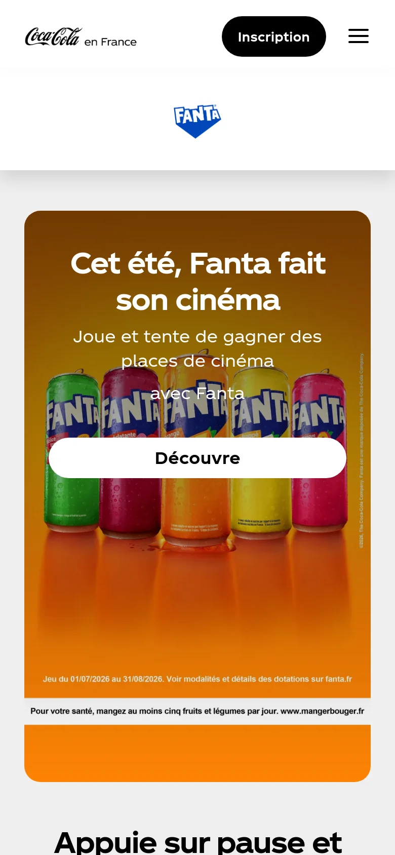 The mobile version presents a vertically stacked layout with the Fanta logo prominently centered at the top. Below, a large orange promotional banner contains the cinema contest headline, text, and a white 'Découvre' button above an image of various Fanta cans. The header features a condensed menu with a hamburger icon and an 'Inscription' button.