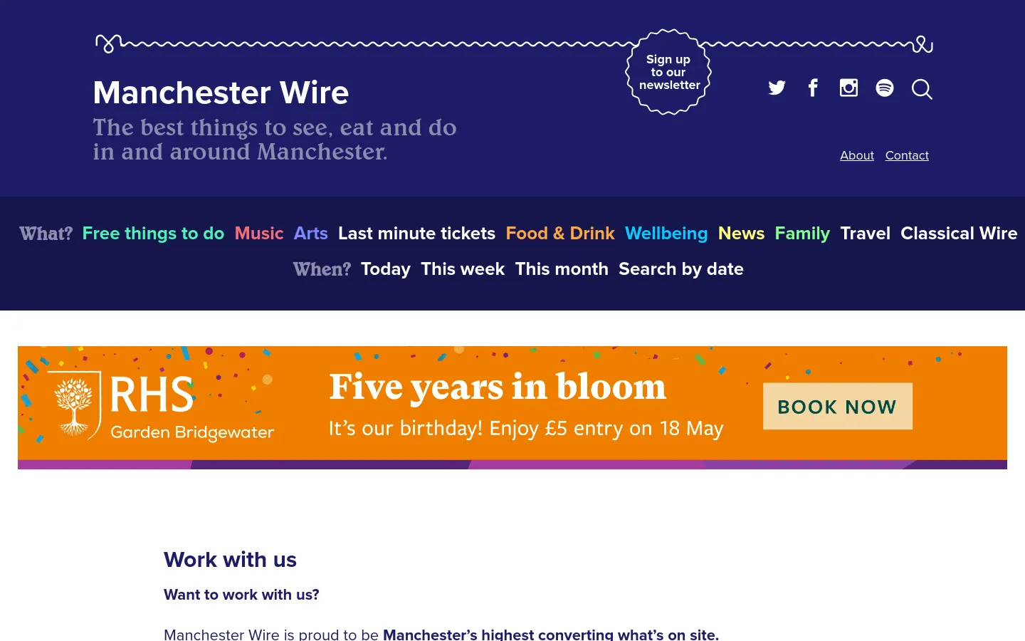 The desktop page features a dark blue header with the Manchester Wire logo, social media icons, and a navigation menu. Below the header, a large orange banner advertisement for RHS Garden Bridgewater spans the width of the page, followed by a white content area with the headline 'Work with us' and text details about advertising opportunities.