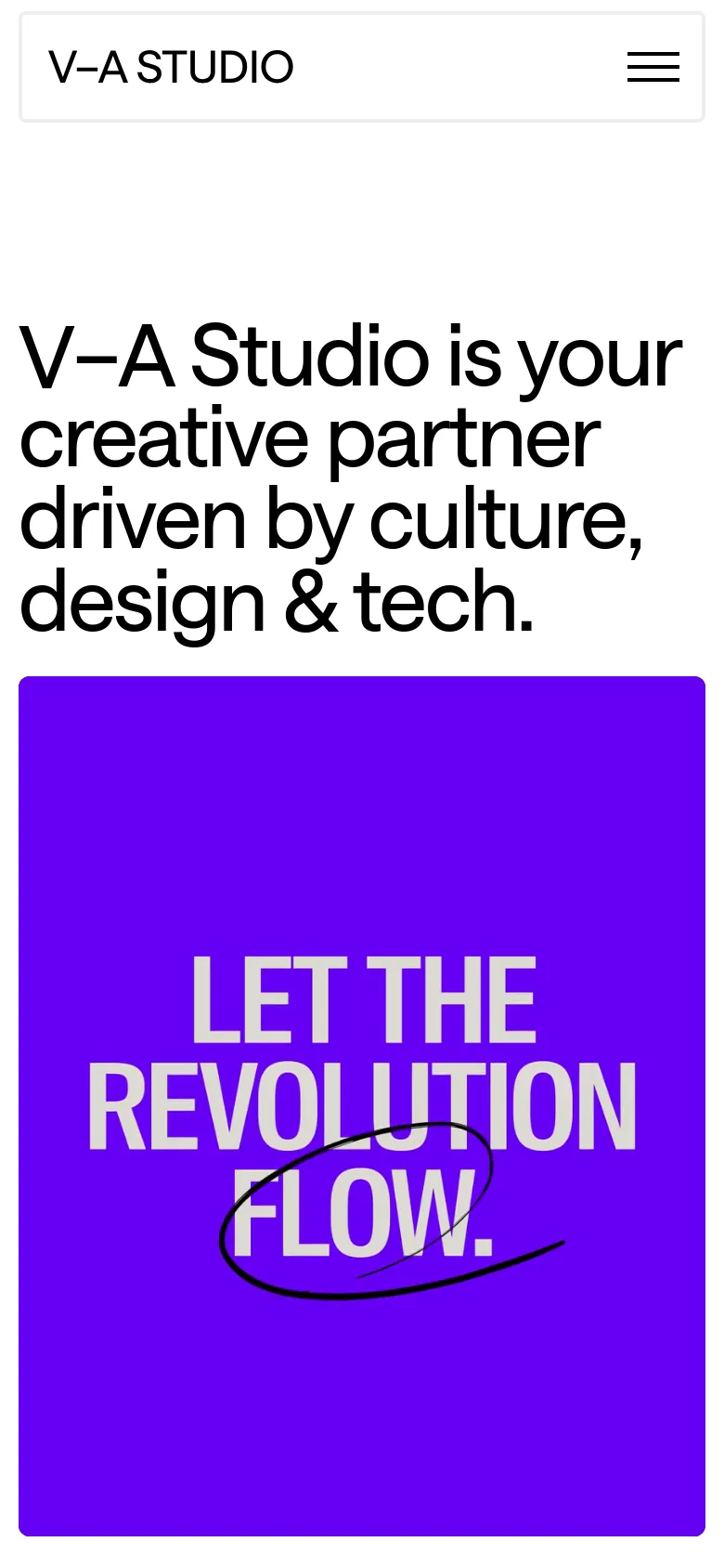 The mobile version presents a simplified layout with a white header containing the V-A Studio logo and a hamburger menu icon. The large hero headline is stacked vertically, followed by a prominent, full-width bright purple graphic block containing the text 'LET THE REVOLUTION FLOW.' in bold white lettering.