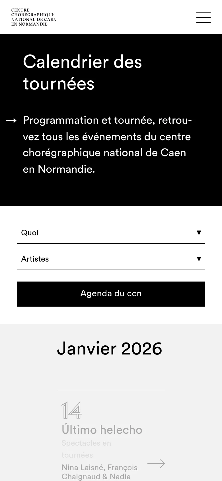 The mobile version maintains the high-contrast black and white color scheme but uses a stacked layout. The header text is larger, and the navigation menu is collapsed into a hamburger icon at the top right. The event list and filter dropdowns are reorganized vertically to fit the narrow screen width.