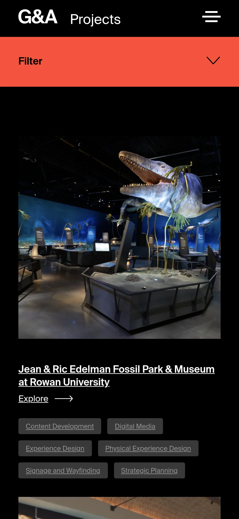 The mobile version maintains the dark theme and orange filter bar but switches to a single-column vertical layout. The project image and text, such as the Jean & Ric Edelman Fossil Park & Museum, occupy the full width of the screen, with service tags stacked underneath.