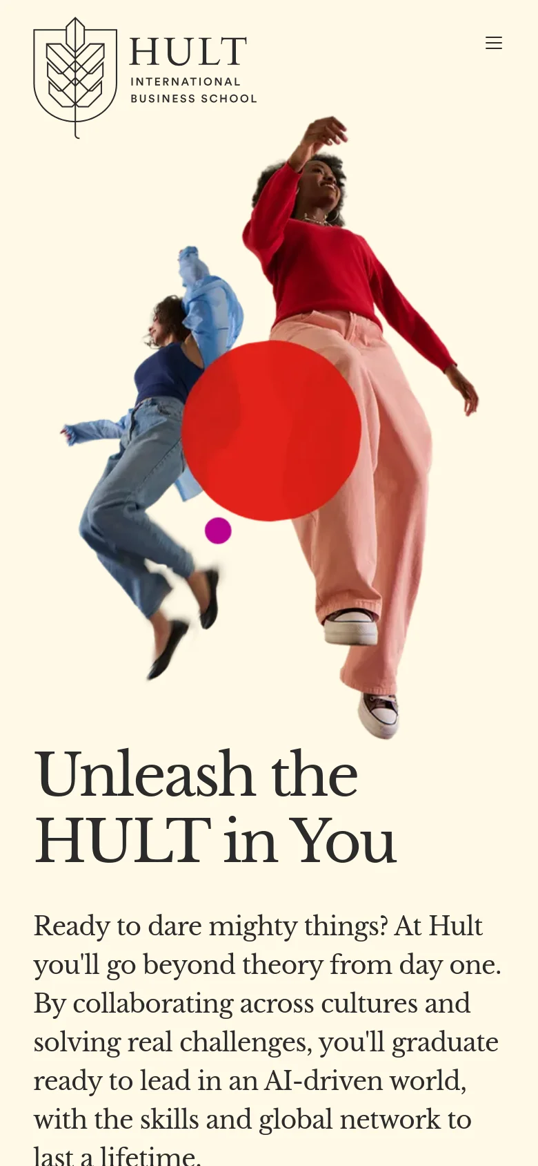 The mobile version uses a vertical layout with the school logo and a hamburger menu icon at the top. The hero image of jumping people is centered above the headline 'Unleash the HULT in You,' which is followed by the descriptive text and a red call-to-action button, optimizing the content for a narrow screen.