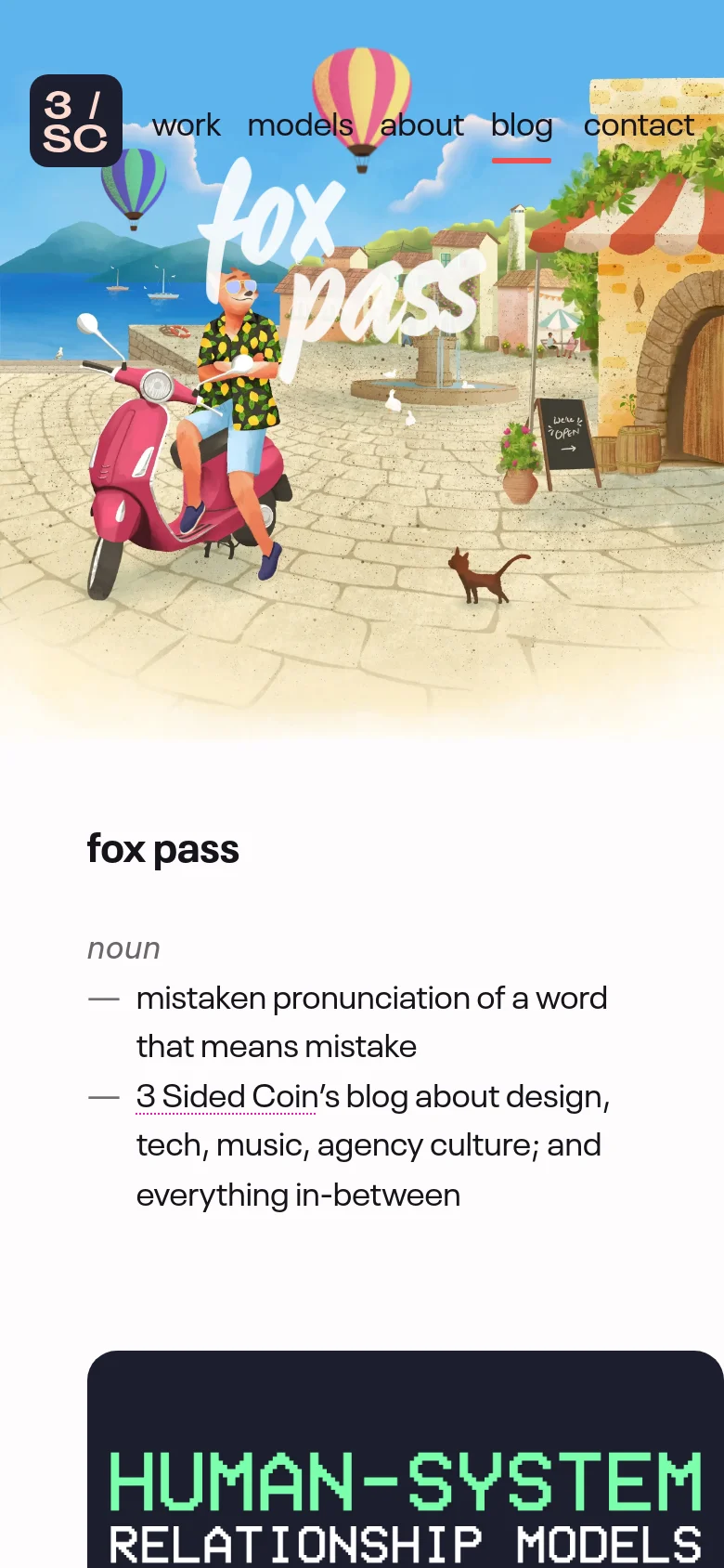 The mobile version maintains the colorful town square illustration at the top, but the layout is vertically stacked. The 'fox pass' title and dictionary definition appear below the hero image, followed by a single-column list of blog posts that are optimized for vertical scrolling.