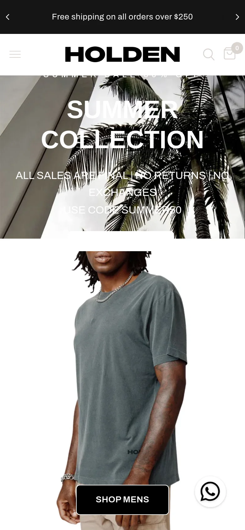 The mobile version uses a condensed layout with a hamburger menu and a centered Holden logo in the header. The hero section features the same palm tree imagery and summer sale text, but the text is stacked vertically to fit the narrow screen. A large 'SHOP MENS' button is prominently overlaid on a full-width portrait image of a model.