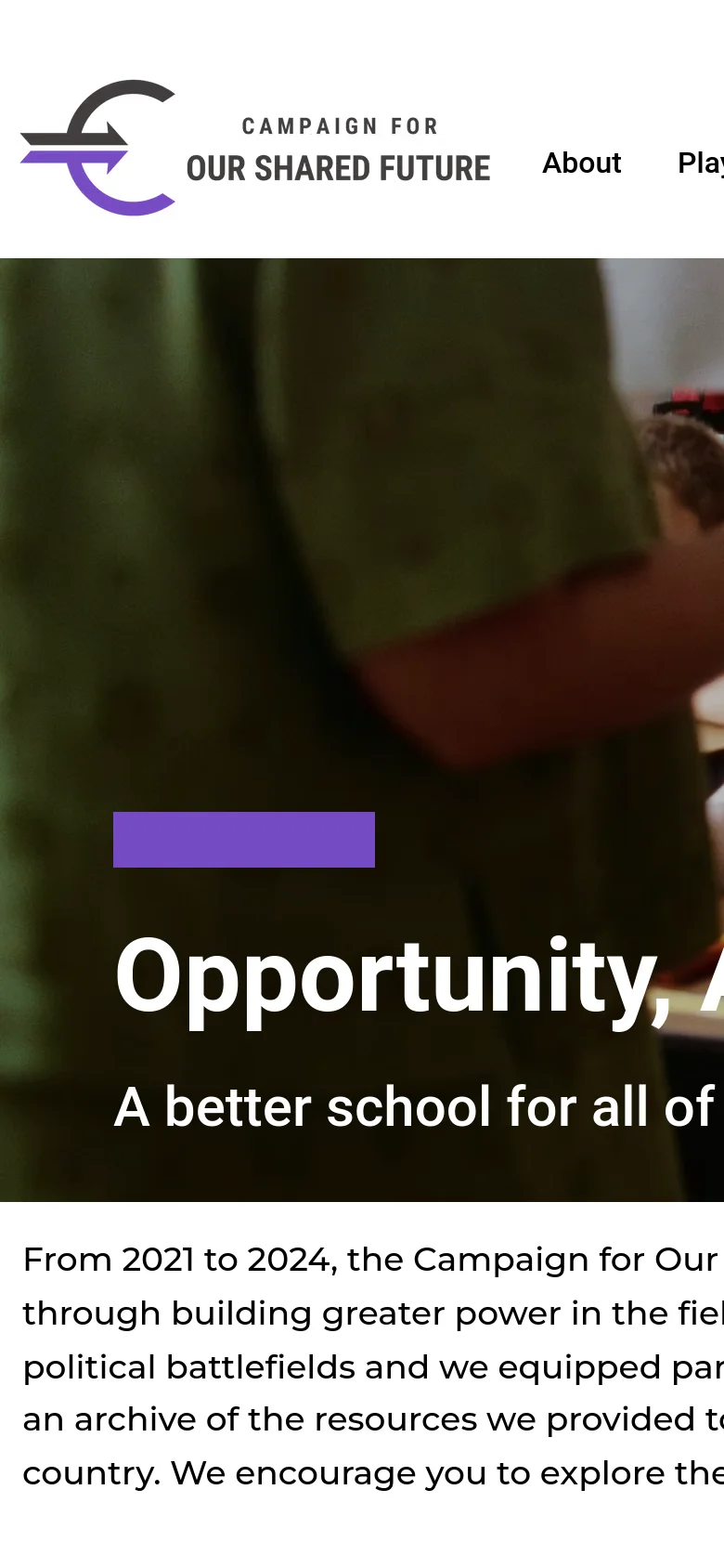 The mobile version presents a vertically stacked layout, beginning with a condensed header and the organization's logo. The hero image of students is followed by the main headline and mission text, which are centered and scaled for smaller screens to ensure readability.