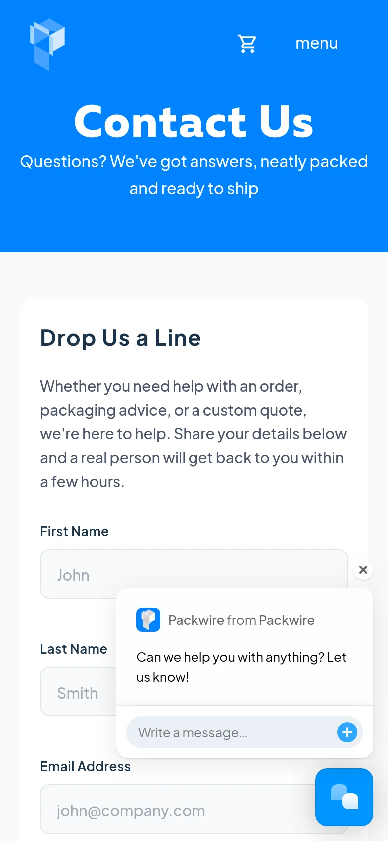 The mobile version presents a vertically stacked layout with the blue hero section at the top, followed by the 'Drop Us a Line' heading and introductory text. The contact form fields are scaled for touch, and a floating blue chat bubble icon appears in the bottom right corner. The header is simplified with a hamburger menu icon and a shopping cart icon.