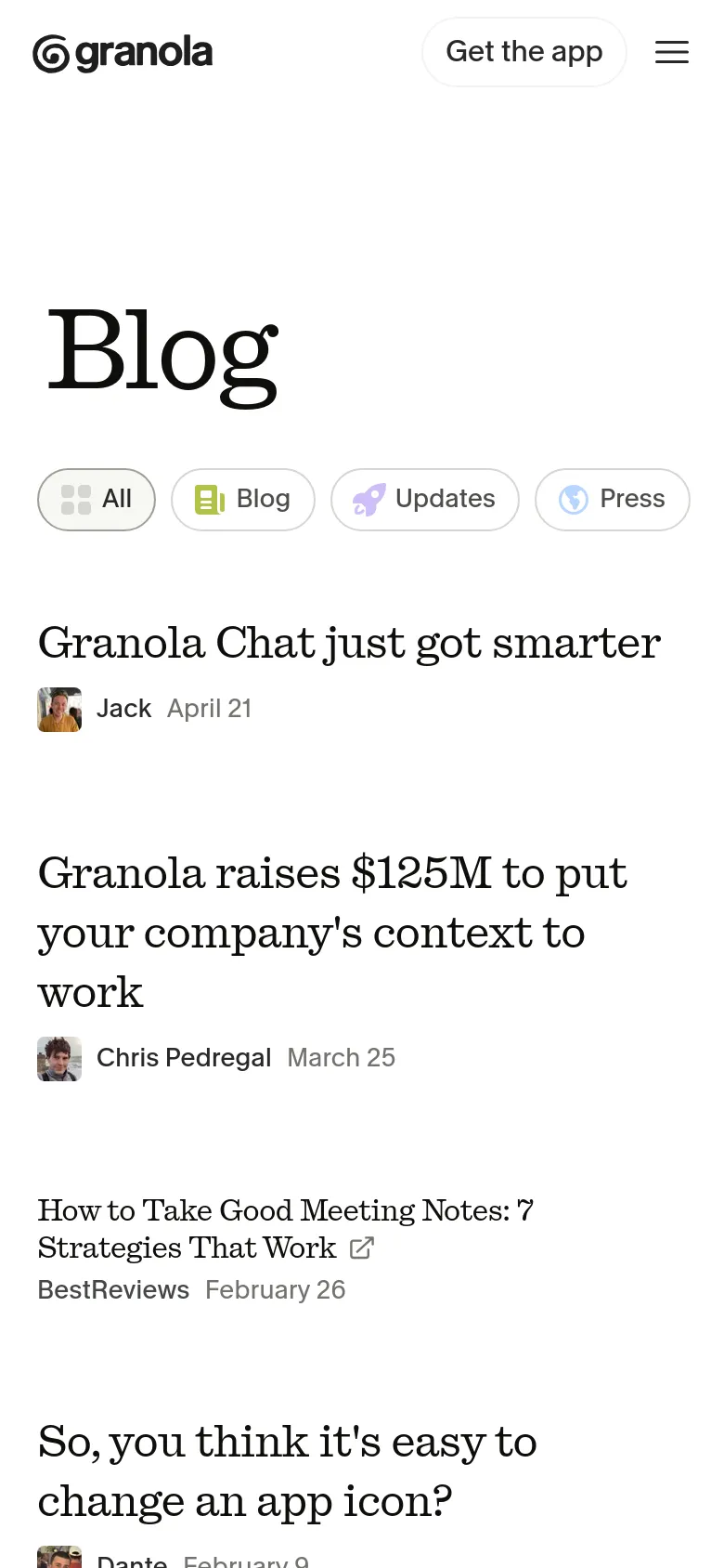 Granola blog page on mobile with a stacked single-column layout. The category filter chips and article list reflow into a narrow vertical feed, maintaining the high-contrast serif typography and minimalist aesthetic.