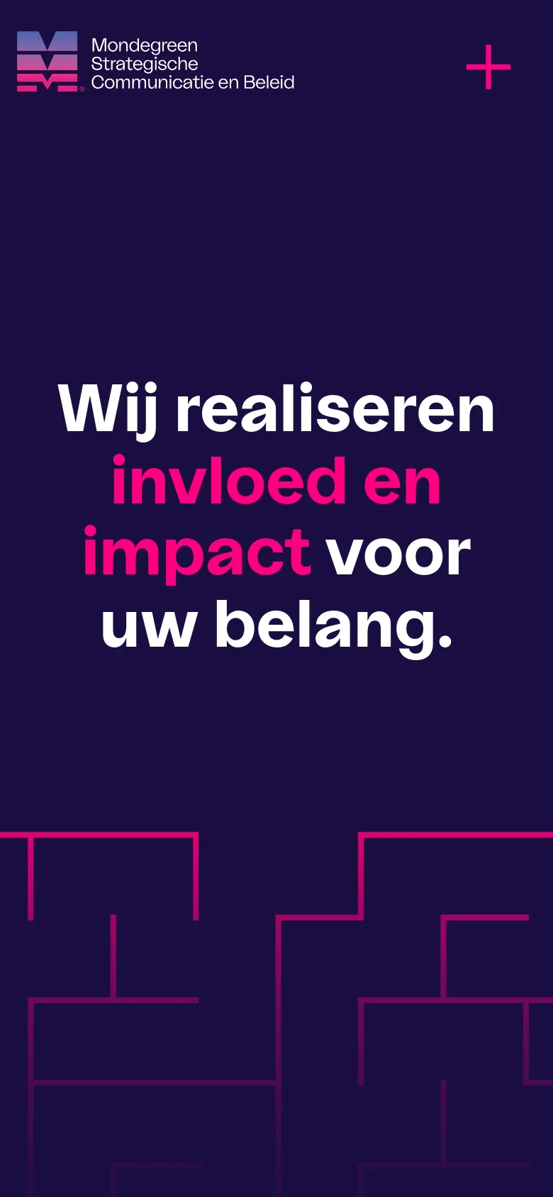 The mobile version displays a vertically stacked layout with the same dark purple theme and large white and pink headline. The pink maze graphic is positioned at the bottom of the screen, and the navigation menu is condensed for a smaller viewport.