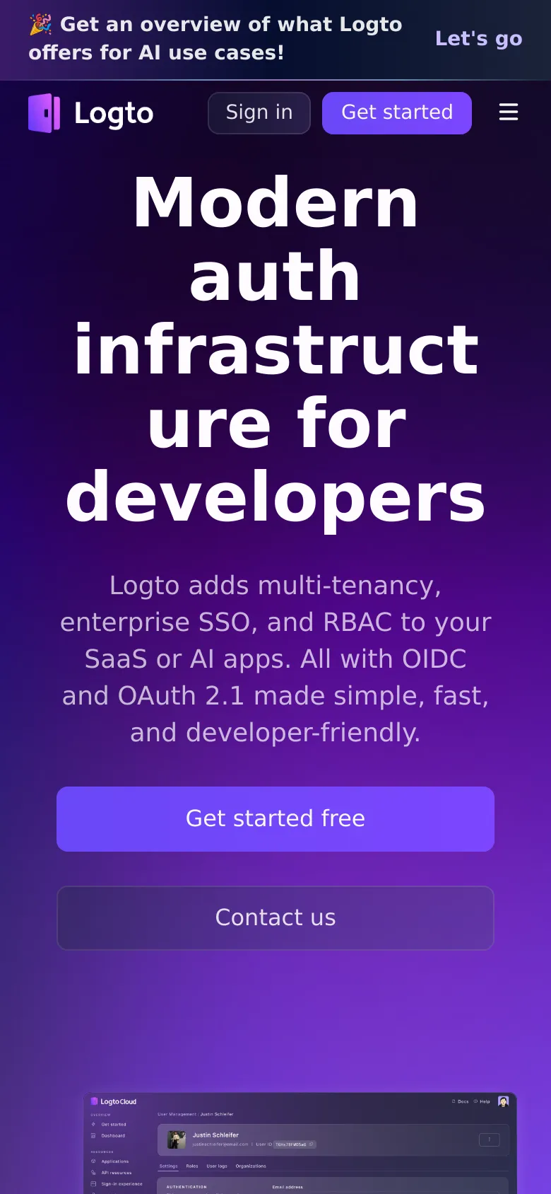 The mobile version uses a vertical layout with the large white headline centered at the top against a dark purple background. The hero image of the dashboard is moved below the primary 'Get started free' and 'Contact us' buttons. The navigation is condensed into a hamburger menu icon on the top right, with the Logto logo on the left.