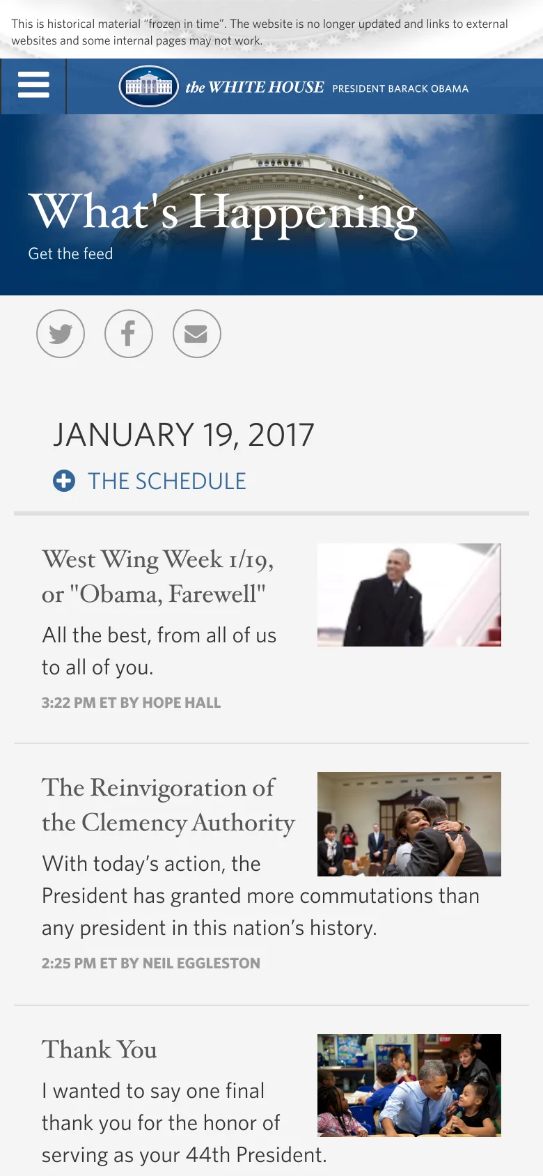 The mobile version optimizes the layout for a smaller screen, replacing the top navigation with a hamburger menu icon. The hero image and 'What's Happening' headline are scaled down, and the blog post feed remains a single column where text and images are stacked vertically to ensure readability on a narrow viewport.