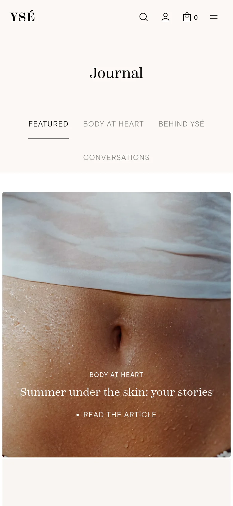 The mobile version simplifies the layout into a single-column vertical scroll. The 'Journal' title and category navigation are centered at the top, followed by a full-width hero image with text overlays for the article title and a 'Read the Article' call to action. The top navigation bar is condensed into a hamburger menu icon.