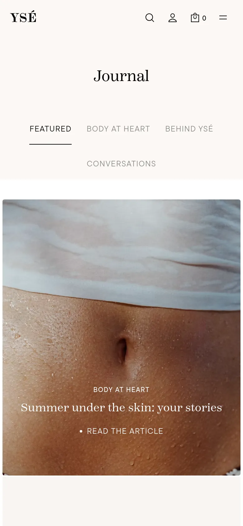 The mobile version simplifies the layout into a single-column vertical scroll. The 'Journal' title and category navigation are centered at the top, followed by a full-width hero image with text overlays for the article title and a 'Read the Article' call to action. The top navigation bar is condensed into a hamburger menu icon.