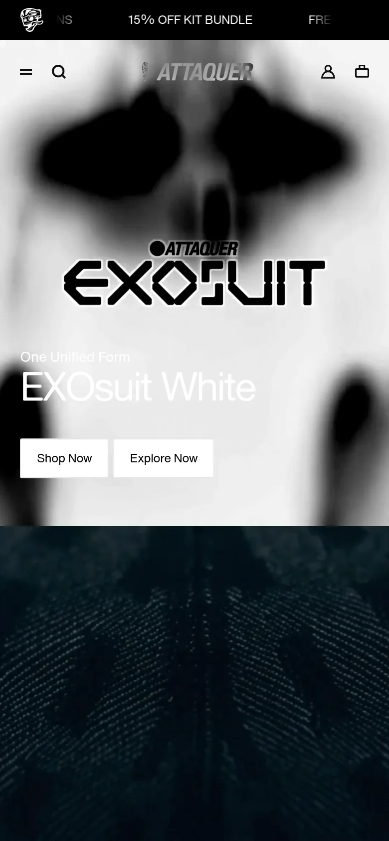 The mobile version presents a vertically stacked layout with a large, blurred hero image of cycling apparel in the background. The 'ATTAQUER EXOsuit' text and 'EXOsuit White' headline are centered, followed by two large, full-width buttons for 'Shop Now' and 'Explore Now'. The header is condensed, featuring a hamburger menu, search icon, brand logo, and user/bag icons.